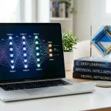 複雑で多層的なニューラルネットワークが画面に映し出されたノートパソコン。清潔なデスクの上には本やガラスのオブジェが置かれ、奥行きと深さを表現している。