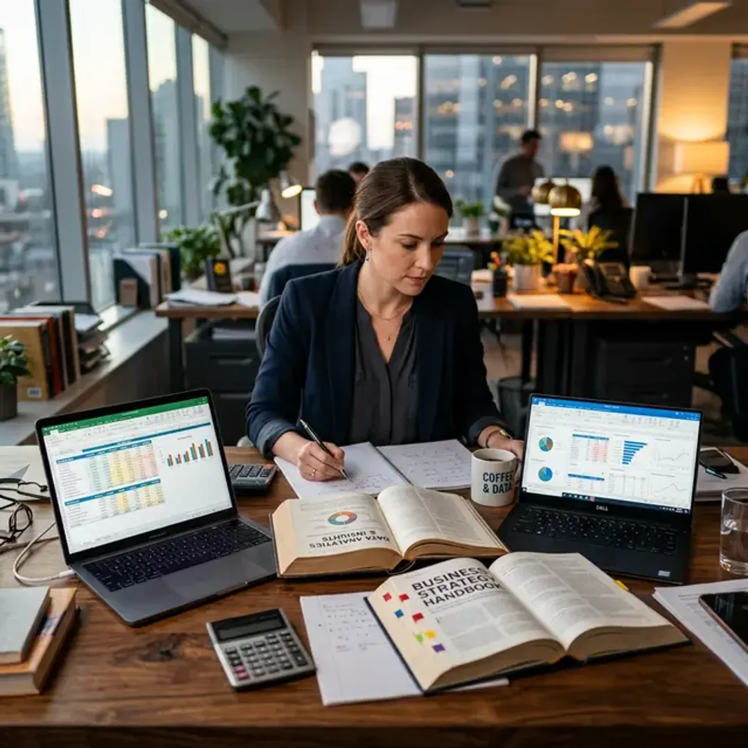 成果を出すために必要な情報や資源のインプットを象徴する、木製のデスクに生データのスプレッドシートや複数の参考書を広げて同時に真剣に分析するプロフェッショナルの高品質な写真