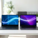 清潔な白いデスクに並んだ2台のノートパソコン。2つの画面が一本の光の線で滑らかに繋がっており、途切れのない連携（シームレス）を表現している。明るい自然光のプロフェッショナルな写真。