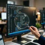 データベースに対する処理要求であるクエリを象徴する、虫眼鏡を使ってディスプレイのSQLコードを詳細に確認している高品質な写真