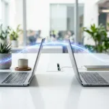 清潔な白いデスクに向かい合って置かれた2台のノートパソコン。その間に光の橋のようなものがかかり、企業間（BtoB）のつながりを表現している。明るい自然光のプロフェッショナルな写真。