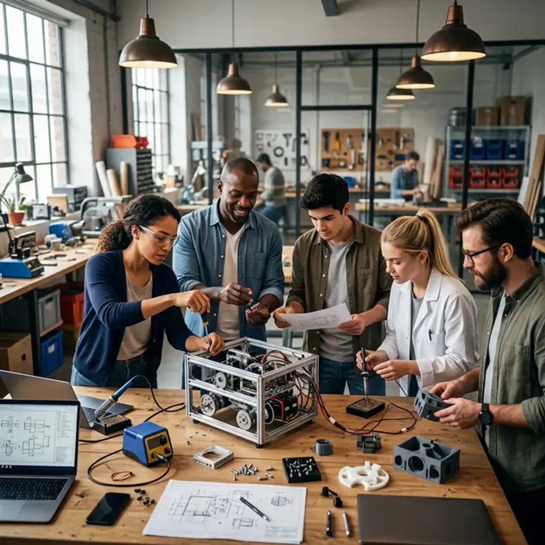 外部委託していた業務を自社内に戻して内製化するインソーシングを象徴する、社内のオフィスワークショップで自社のチームメンバーが協力してプロトタイプを組み立てる高品質な写真