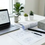 清潔な白いデスクに置かれたノートパソコン。その横には、建築の設計図としっかりとした土台（基礎）の模型があり、計画の前提（アサンプション）を表現している。明るい自然光のプロフェッショナルな写真。