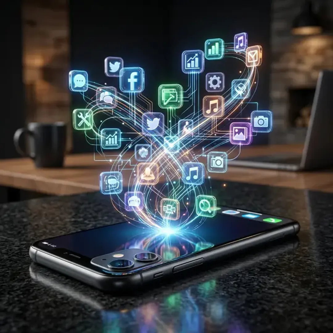 中央サーバー抜きで動作する分散型アプリ(DApps)を象徴する、スマホとアイコン群の高品質写真