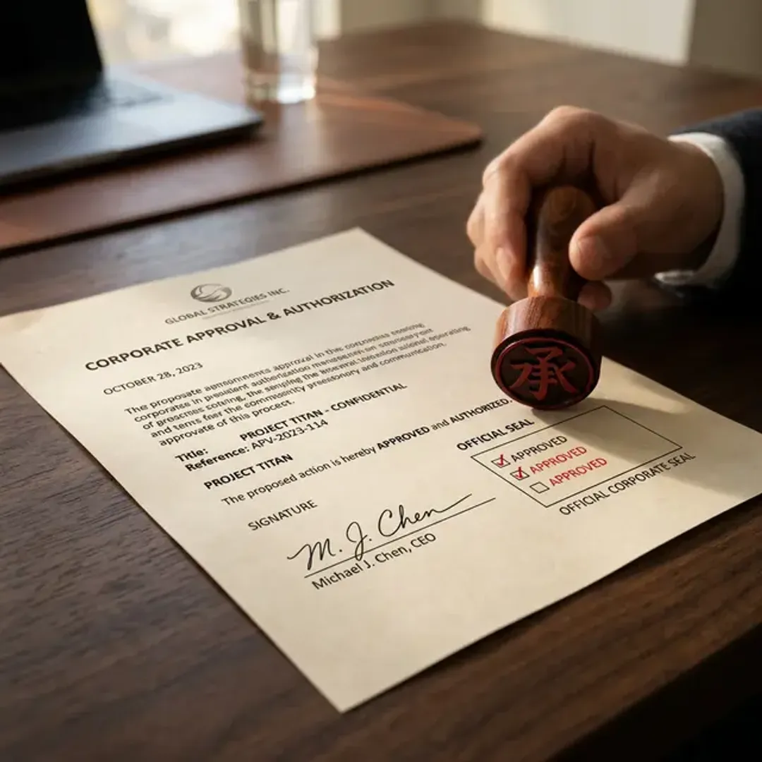 日本の伝統的な意思決定プロセスである稟議を象徴する、デスクに置かれた公式な社内承認文書と、承認のために準備された赤いシャチハタ(はんこ)の精巧なマクロ高品質な写真