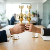 清潔な会議室のテーブルで、二人の手がそれぞれ小さな金色のトロフィーを持ち、中央で合わせている様子。相互利益（Win-Win）を表現している。明るい自然光のプロフェッショナルな写真。