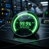 SLOが守られているかを測る評価指標のSLIを象徴する、美しいダッシュボード上で稼働率99.9%を正確に示す光るインジケーターの高品質画像