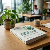 環境・社会・ガバナンスを重視するESG投資や経営姿勢を象徴する、美しい装丁で印刷された企業の環境・社会・ガバナンス報告書と観葉植物のあるデスクの高品質な写真