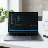 清潔な白いデスクに置かれたノートパソコン。その横には、一つの大きなテーマから細かく枝分かれしていく「木の枝」のような図解があり、論理的な整理（ロジックツリー）を表現している。