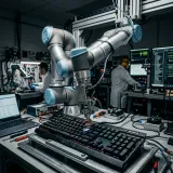 コードの修正が既存の機能に悪影響を与えていないか確認する回帰テストを象徴する、検査室でキーボードの同じボタンを正確に何度も押し続ける自動テストロボットの高品質な写真