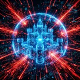 大量のアクセスでサイトをダウンさせるDDoS攻撃を象徴する、全方向から飛来する無数の攻撃的な赤い光線に耐える青いデジタル要塞の高品質写真