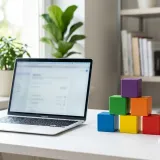 清潔な白いデスクに置かれたノートパソコン。その横には、5つの色鮮やかなブロックがピラミッド状に積み上げられ、人間の欲求の段階（マズローの法則）を表現している。明るい自然光のプロフェッショナルな写真。