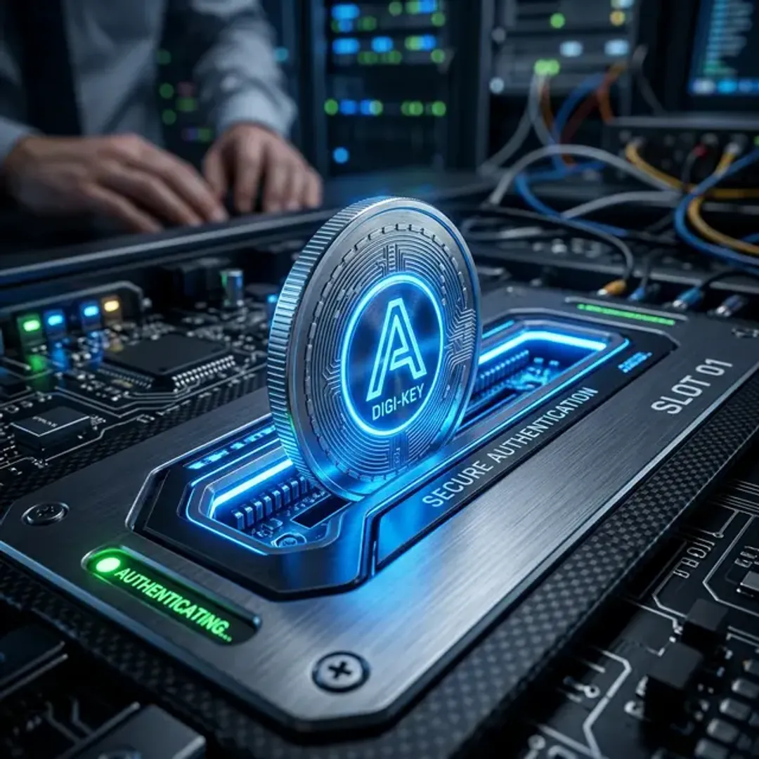 認証やデータ保護に使われるしるしであるトークンを象徴する、光る認証スロットに差し込まれる青く光るデジタルコインの高品質写真