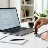 清潔な白いデスクに置かれたノートパソコン。その横では、チェスの駒（ナイト）がプロフェッショナルな手によって慎重に動かされており、優秀な人材の獲得（ヘッドハンティング）を表現している。