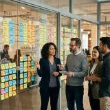 縦割りの部門と横断的なプロジェクトを組み合わせたマトリクス組織を象徴する、完璧に整列したカラフルな付箋が貼られたガラスの壁の前で、重複する役割について動的に議論するプロたちの高品質な写真