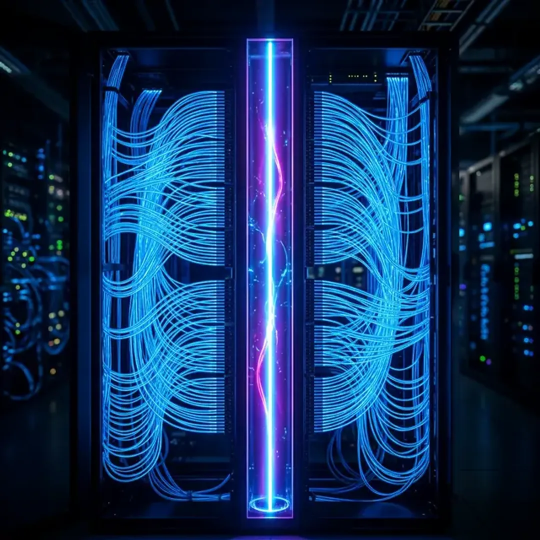 ネットワークを分割するサブネットマスクを象徴する、青いネットワークを分断する明確な光る仕切りの高品質写真