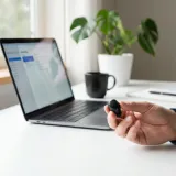 清潔な白いデスクに置かれたノートパソコン。その横には、よりシンプルで小さなサイズの製品が提示されており、予算に合わせた代替案（ダウンセル）を表現している。明るい自然光のプロフェッショナルな写真。