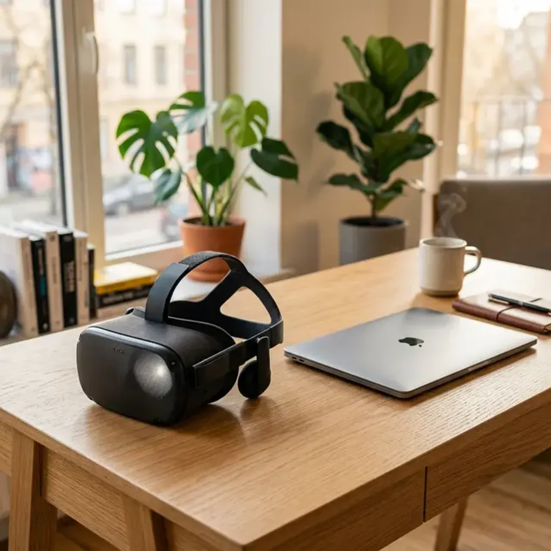 メタバース空間へアクセスするためのVRヘッドセットの高品質なイメージ写真