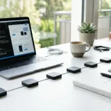 清潔な白いデスクに置かれたノートパソコン。その横には、いくつかの小さな同じ形のオブジェが一本の線に沿って整然と並んでおり、仕事の工程（プロセス）を表現している。明るい自然光のプロフェッショナルな写真。