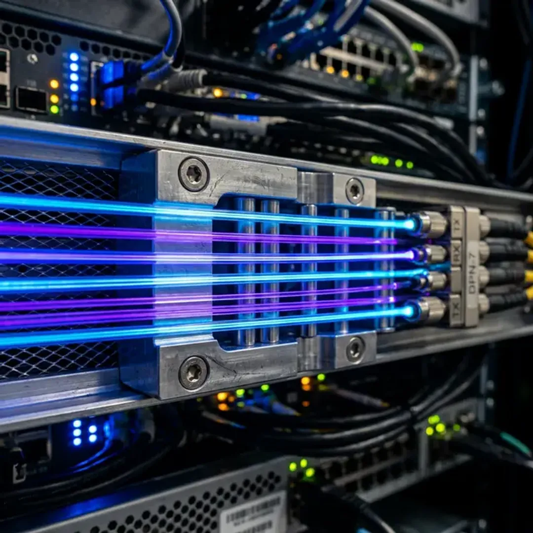 プログラムの最小の処理単位であるスレッドを象徴する、データパイプラインを真っ直ぐに並行して走る複数の光るファイバー糸の高品質画像