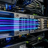 プログラムの最小の処理単位であるスレッドを象徴する、データパイプラインを真っ直ぐに並行して走る複数の光るファイバー糸の高品質画像