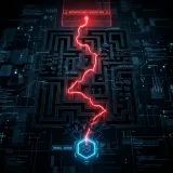 不正なパス指定で非公開ファイルを覗き見るディレクトリトラバーサルを象徴する、セキュリティゲートを迂回して制限エリアへ到達する赤い光の糸の高品質画像