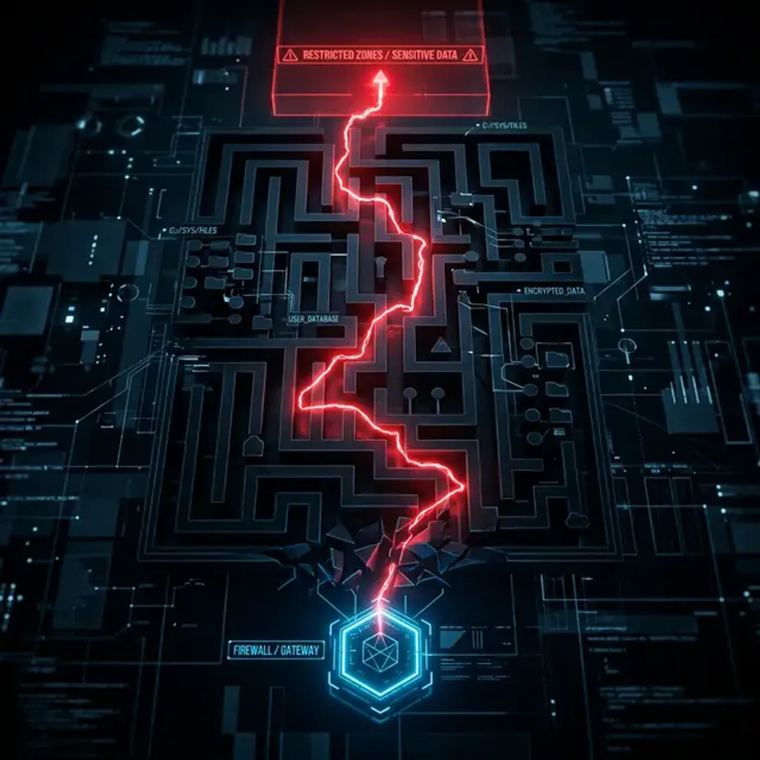 不正なパス指定で非公開ファイルを覗き見るディレクトリトラバーサルを象徴する、セキュリティゲートを迂回して制限エリアへ到達する赤い光の糸の高品質画像