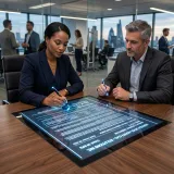 サービス提供者と利用者の間で合意するSLAを象徴する、光るペンでデジタル契約書にサインを交わすビジネスパーソンの高品質画像