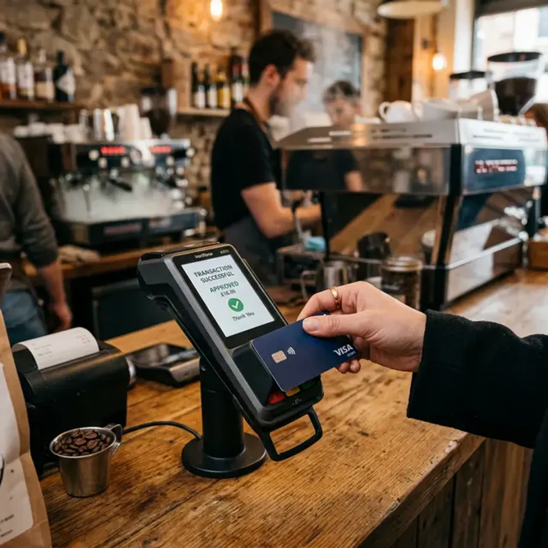 関連する複数の処理を一つにまとめた単位であるトランザクションを象徴する、カフェでカード決済が完了する瞬間の高品質な写真