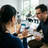 ユーザーが迷わず使いやすいかを検証するユーザビリティテストを象徴する、スマホアプリを操作する一般ユーザーとそれを観察する研究者の高品質な写真