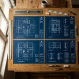 ソフトウェア設計でよくある問題に対する解決策のパターンを象徴する、製図台に整理して並べられたプロフェッショナルな建築用設計パターンの高品質な写真