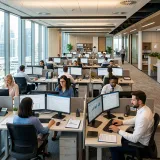 業務プロセスの一部を継続的に外部へ丸投げするBPO(ビジネス・プロセス・アウトソーシング)を象徴する、多数の従業員が整然と効率的にPC作業を行う近代的なコールセンターやバックオフィスの高品質な写真