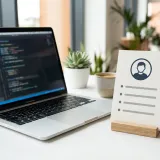 清潔な白いデスクに置かれたノートパソコンと、ユーザーのプロフィールが詳しく書かれた「ペルソナカード」。その横には人のシルエットを模した小さなオブジェが置かれている。
