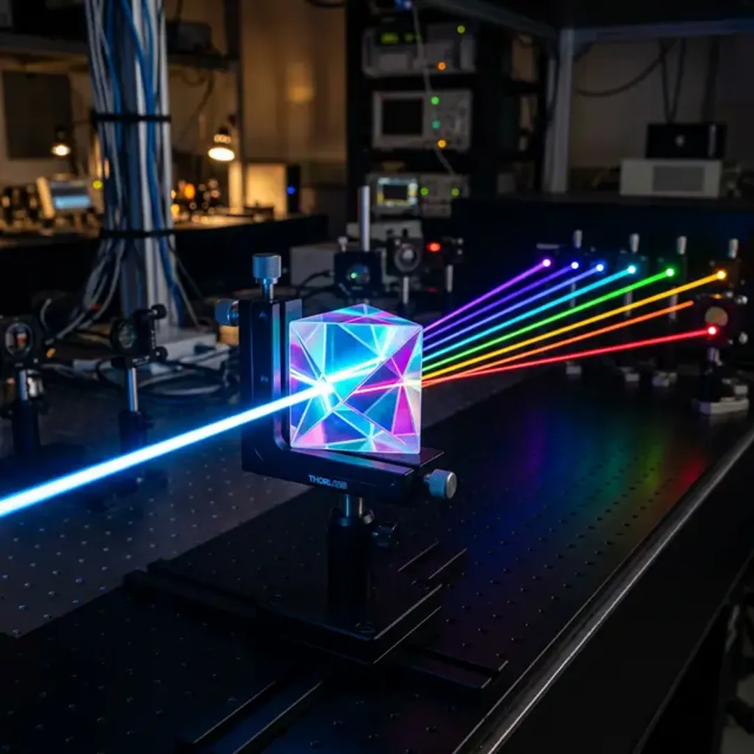 アクセス負荷を均等に分散させるロードバランサーを象徴する、光を均等に分割するプリズムの高品質写真