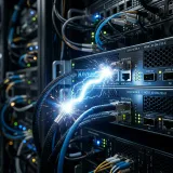 メモリ上で高速な分散処理を行うApache Sparkを象徴する、サーバー間で高速に飛ぶインメモリの電気の火花(スパーク)の高品質画像