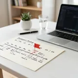 木のデスクの上に置かれたノートパソコンと、手書きのロードマップ。特定のポイントに赤い旗のピンが刺されており、重要な節目（マイルストーン）を表現している。