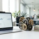 清潔な白いデスクに置かれたノートパソコン。その横には、精巧に作られた歯車が組み合わさっており、会社の活動（本業）がスムーズに回って利益（営業利益）を生んでいる様子を表現している。