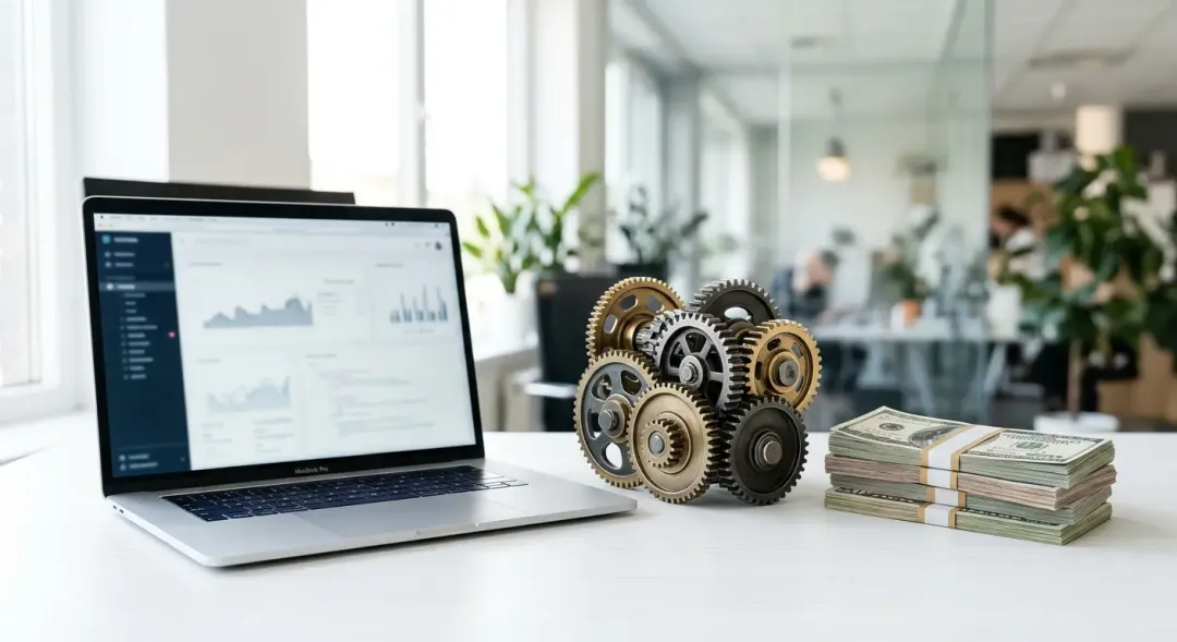 清潔な白いデスクに置かれたノートパソコン。その横には、精巧に作られた歯車が組み合わさっており、会社の活動（本業）がスムーズに回って利益（営業利益）を生んでいる様子を表現している。