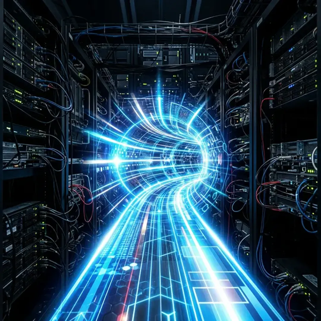 暗号化された安全な遠隔操作を実現するSSHを象徴する、光り輝くネットワークトンネルの高品質な写真