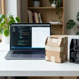 清潔な白いデスクに置かれたノートパソコン。その横には、段ボールやテープで作られた簡易的な模型（プロトタイプ）があり、アイデアを形にするプロセスを表現している。