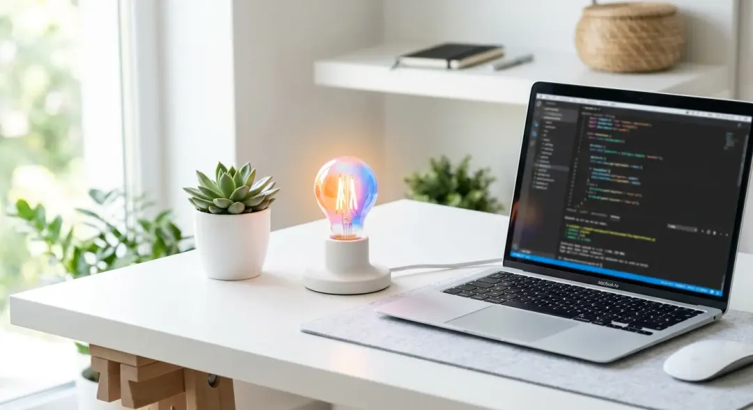 清潔な白いデスクに置かれたノートパソコン。その横には明るく光る電球のオブジェがあり、内側から湧き出る意欲（モチベーション）を表現している。明るい自然光のプロフェッショナルな写真。