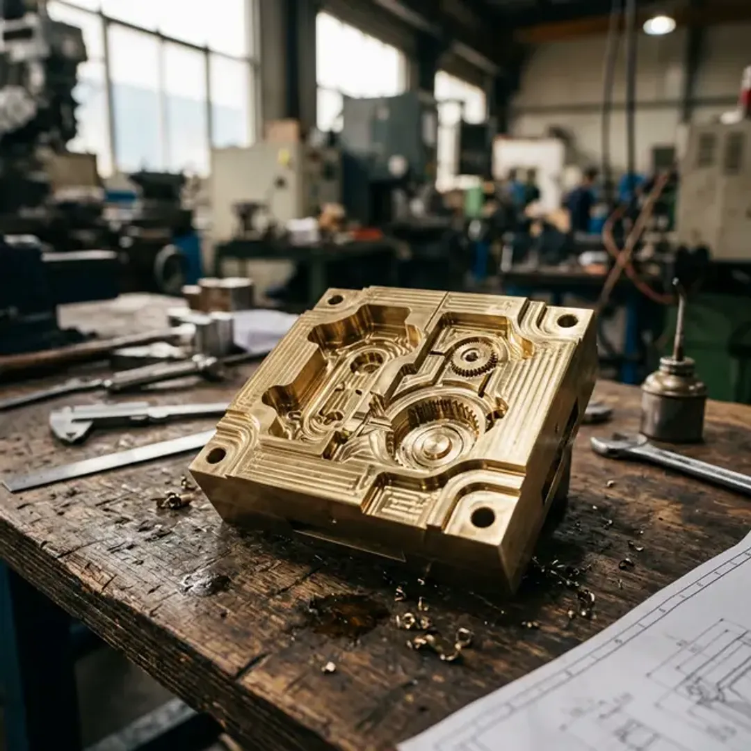 データを生み出すためのひな型であるクラスを象徴する、作業台に置かれた重厚で美しい真鍮製のモノづくりの金型の高品質な写真