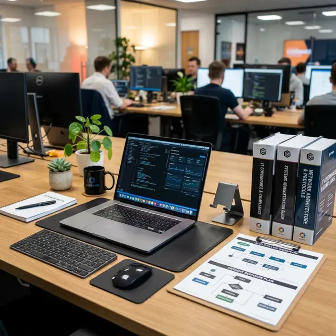 ITサービスマネジメントの成功事例をまとめたITILを象徴する、整然と並べられたワークフロー図と分厚い手続きマニュアルの高品質写真