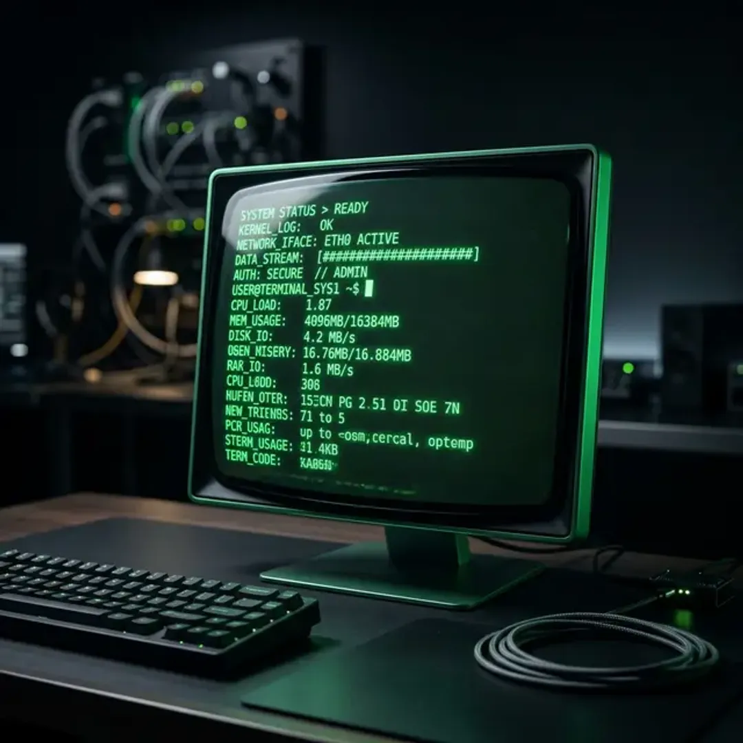 文字ベースの遠隔操作プロトコルTelnetを象徴する、緑色の文字が並ぶレトロなターミナルの高品質写真