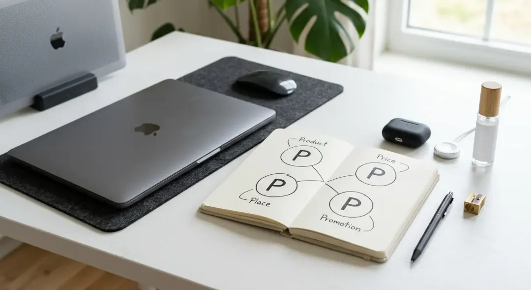 清潔な白いデスクに置かれたノートパソコン。その横には、4つのP（Product, Price, Place, Promotion）が書かれた図解と製品サンプルがあり、マーケティング戦略（4P分析）を表現している。