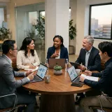 多様な人材を受け入れそれぞれの個性を活かすインクルージョンを象徴する、多様な背景を持つビジネスパーソンが円卓を囲んで敬意を持って議論する高品質な写真