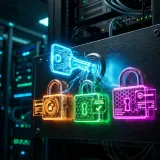 異なるドメイン間で認証情報を連携するSAMLを象徴する、一本の光るマスターキーが複数の異なるセキュリティロックを同時に解除する高品質な写真