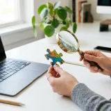 清潔な白いデスクに置かれたノートパソコン。その横では、人が虫眼鏡を使って一つのパズルピースをじっくりと観察しており、物事の本質を疑い見抜く思考（クリティカルシンキング）を表現している。