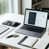 清潔な白いデスクに置かれたノートパソコンと、整然と並べられたプロフェッショナルな道具。能力の組み合わせ（スキルセット）を表現している。明るい自然光のプロフェッショナルな写真。