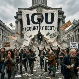 国が借金の手形を破り捨て、紙幣が紙くずのように舞い散るイメージ